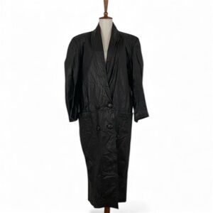Vintage‎ Leather Coat Women’s M Black V-Neck Long Trench Blazer Jacket Relaxed